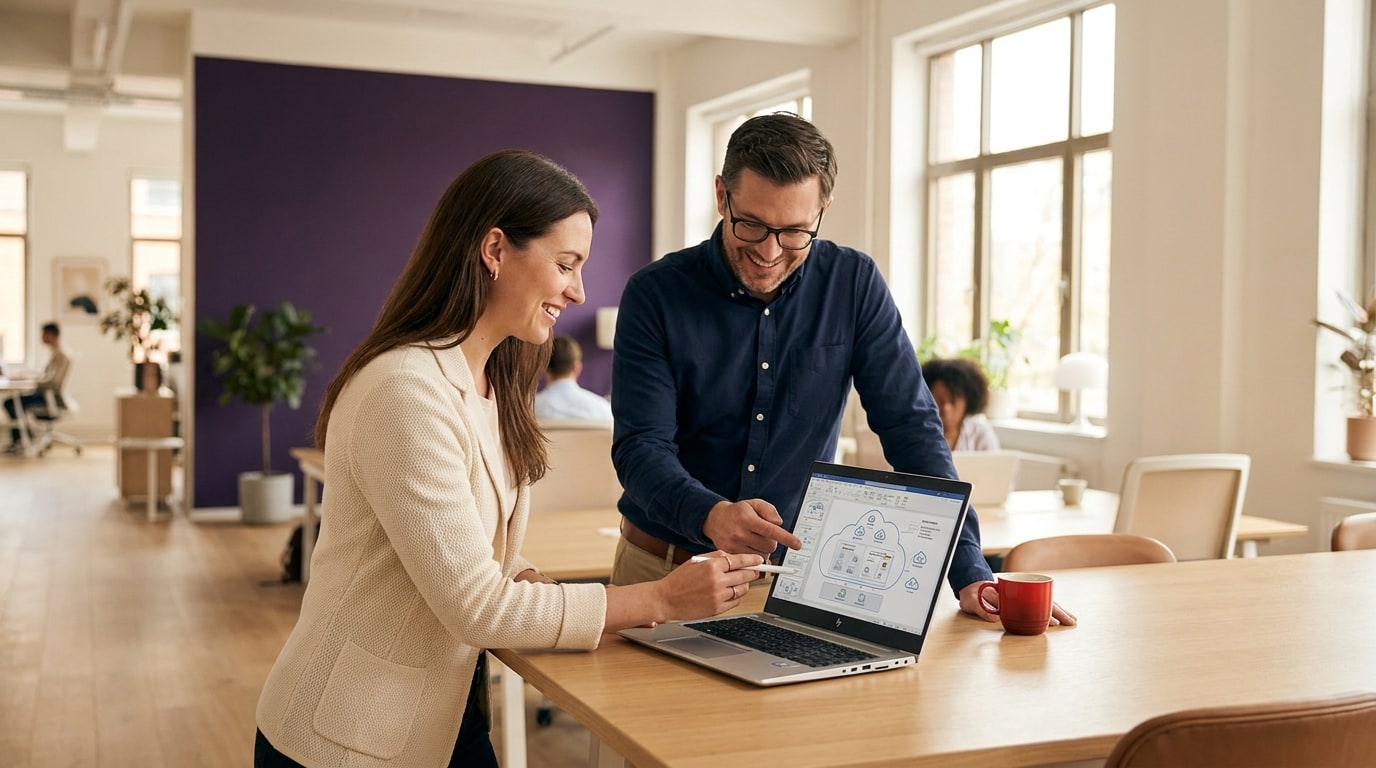Zwei implec-Kollegen besprechen Cloud-Projekt am HP-Laptop in modernem Büro