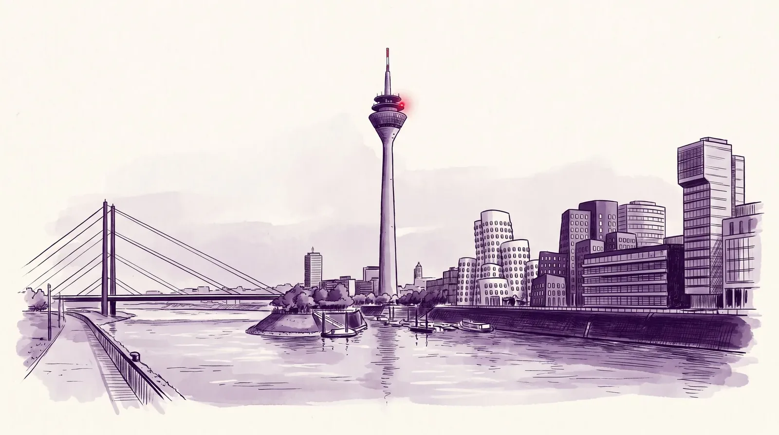 Düsseldorf mit Rheinturm und Medienhafen am Rhein — implec IT-Dienstleister in der Region