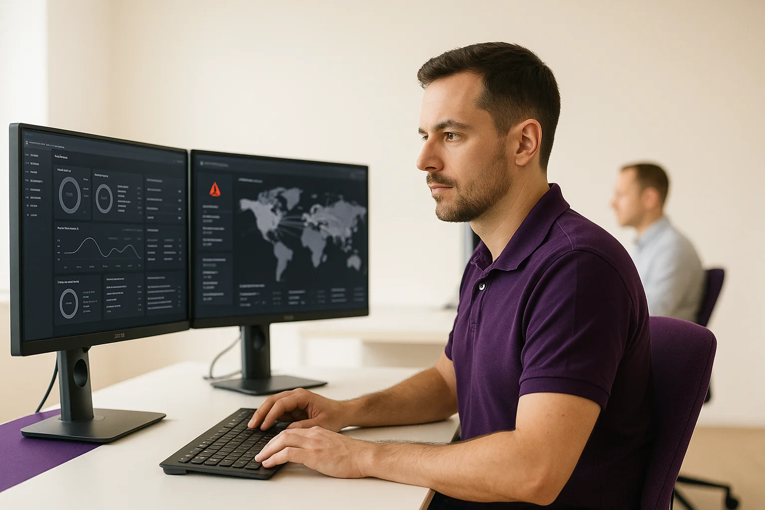 IT-Security-Spezialist am Monitoring-Arbeitsplatz mit mehreren BenQ-Bildschirmen — EDR-Überwachung rund um die Uhr