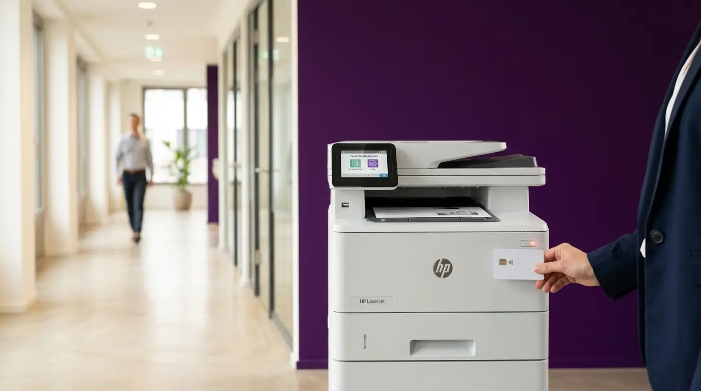 Moderner Bürodrucker mit Kartenleser für sicheres Follow-Me-Printing — Authentifizierung vor dem Ausdruck