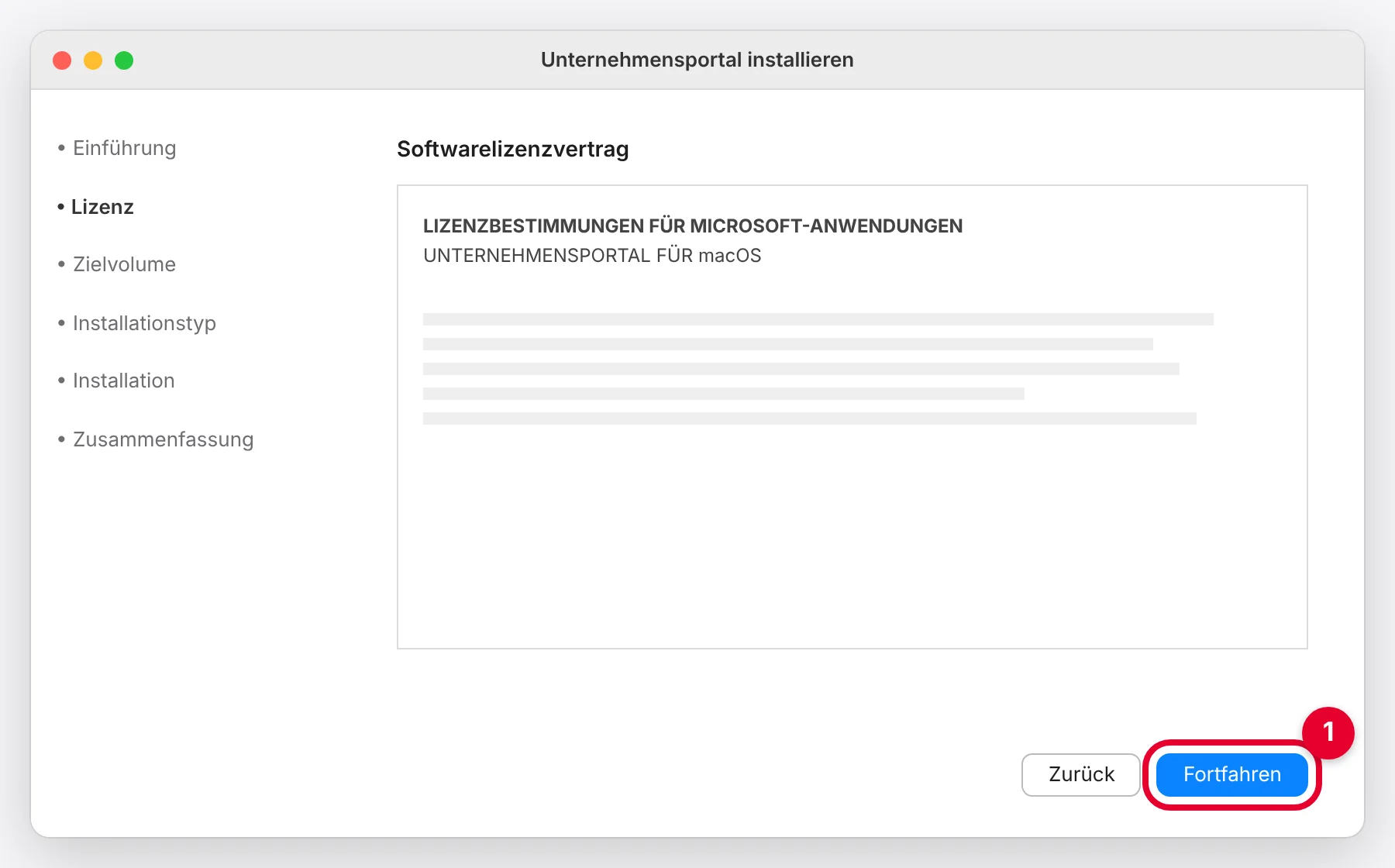 Installationsprogramm des Unternehmensportals mit Knopf Fortfahren