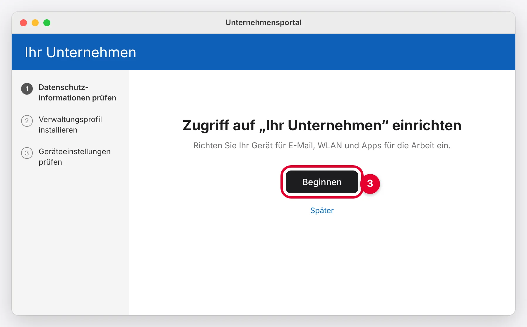 Unternehmensportal mit Knopf Beginnen