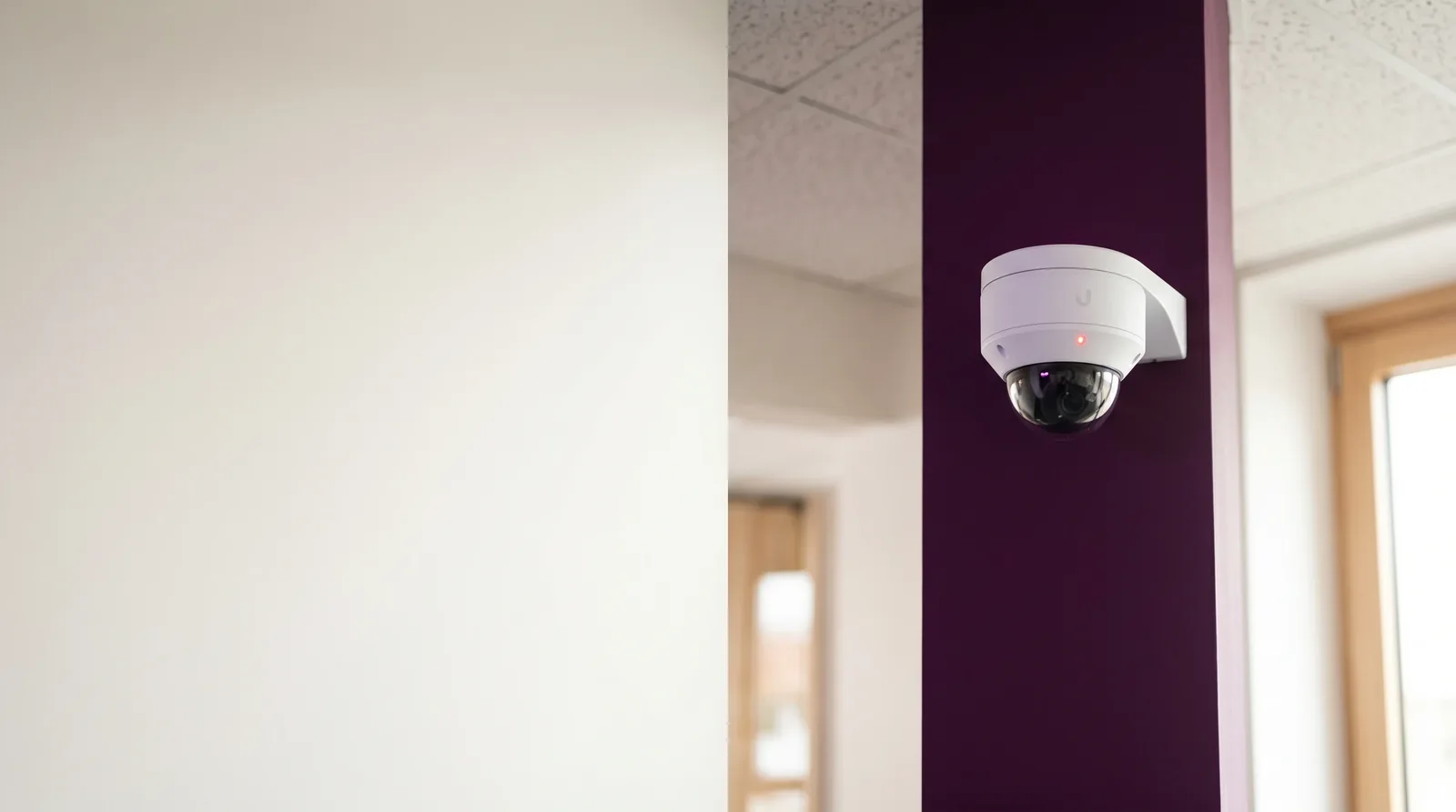 UniFi Protect Dome-Kamera an lila Wandsäule — rechtssichere Kameraüberwachung von implec