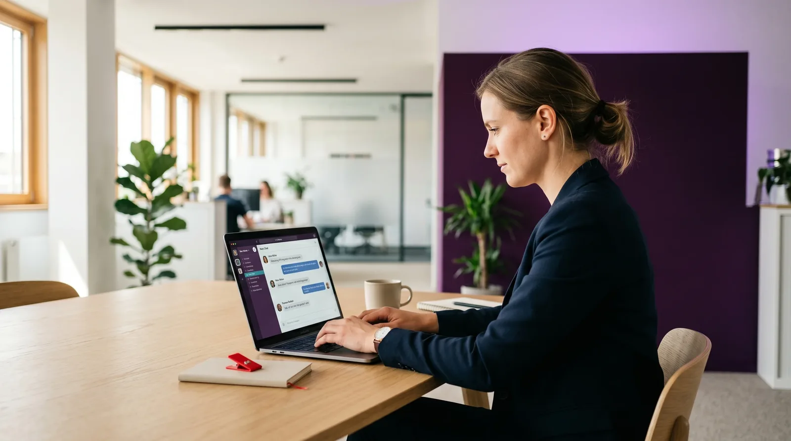 KI-Chatbot im Kundenservice — Fachperson mit Chat-Interface am Laptop in modernem Büro