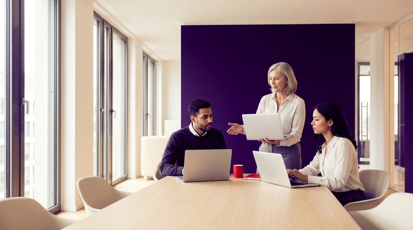 Mitarbeiterin arbeitet konzentriert mit Microsoft 365 am HP-Laptop