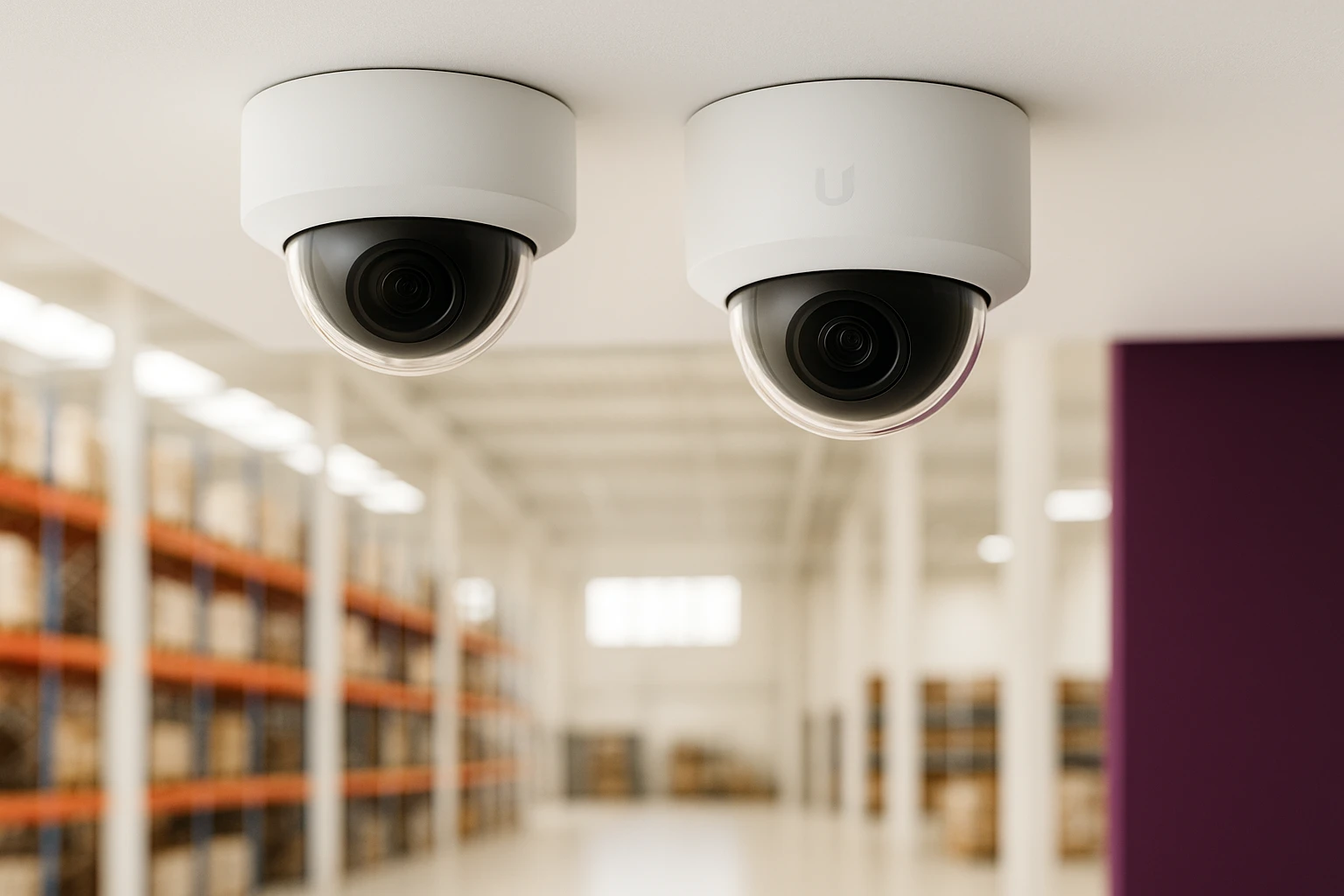 Zwei UniFi Protect Dome-Kameras an einer Lagerhallendecke — professionelle Kameraüberwachung von implec